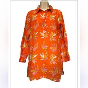 Oliphant Orange Print Cotton Tunic Roll Tab Sleeve Sz S